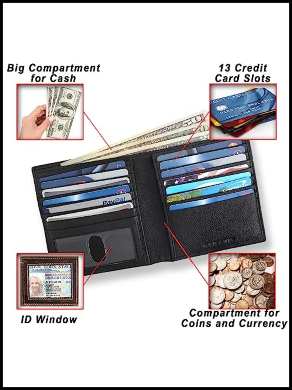 Men's RFID Blocking Leather Chain Wallet with Key Ring, Bi-Fold Large Capacity